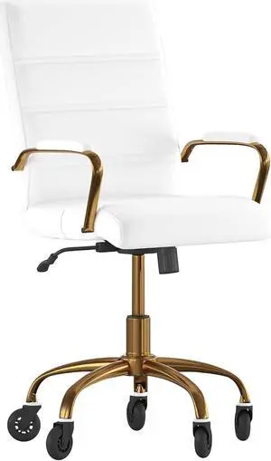 Camilia Mid-Back White LeatherSoft Executive Swivel Office Chair with Gold Frame, Arms, and Transparent Roller Wheels