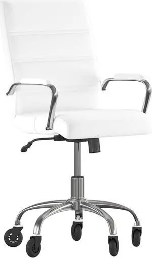 Camilia Mid-Back White LeatherSoft Executive Swivel Office Chair with Chrome Frame, Arms, and Transparent Roller Wheels