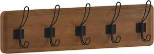 Daly Wall Mounted 24 Inch Classic Brown Solid Pine Wood Storage Rack with 5 Hooks For Entryway, Kitchen, Bathroom
