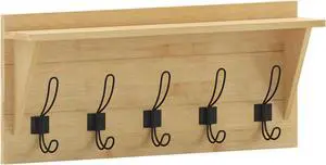 Daly Wall Mounted 24 Inch Solid Pine Wood Storage Rack with Upper Shelf and 5 Hooks For Entryway, Kitchen, Bathroom, Bamboo