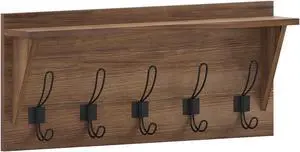 Daly Wall Mounted 24 Inch Solid Pine Wood Storage Rack with Upper Shelf and 5 Hooks For Entryway, Kitchen, Bathroom, Rustic Brown