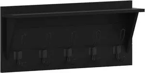Daly Wall Mounted 24 Inch Solid Pine Wood Storage Rack with Upper Shelf and 5 Hooks For Entryway, Kitchen, Bathroom, Black