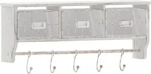 Daly Wall Mounted 24 Inch Solid Pine Wood Storage Rack with Upper Shelf, 5 Hooks, Wire Baskets For Entryway, Kitchen, Bathroom in Whitewashed