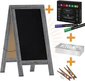 Canterbury 40" x 20" Graywashed Wooden Indoor/Outdoor A-Frame Magnetic Chalkboard Sign Set with 8 Chalk Markers, 10 Stencils, 2 Magnets, and Eraser