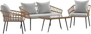 Evin Boho 4 Piece Indoor/Outdoor Rope Rattan Patio Conversation Set with Tempered Glass Top Coffee Table and Gray Cushions, Natural
