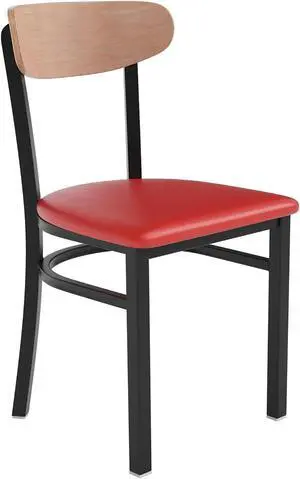 Wright Commercial Dining Chair with 500 LB. Capacity Black Steel Frame, Natural Birch Finish Wooden Boomerang Back, and Red Vinyl Seat