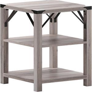 Wyatt Modern Farmhouse Wooden 3 Tier End Table with Black Metal Corner Accents and Cross Bracing Gray Wash