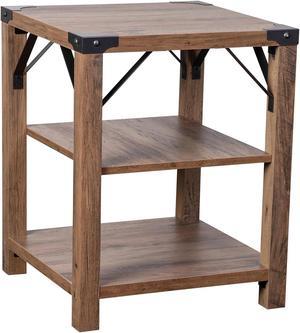 Wyatt Modern Farmhouse Wooden 3 Tier End Table with Black Metal Corner Accents and Cross Bracing Rustic Oak