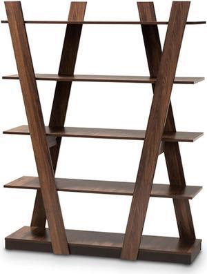Baxton Studio Michio Modern and Contemporary Walnut Brown Finished 5-Tier Wood Geometric Living Room Display Shelf