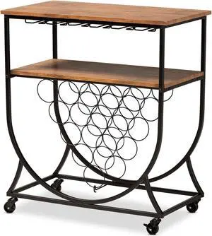 Baxton Studio Dania Antique Vintage Industrial Black Metal and Walnut Finished Wood Mobile Wine Bar Cart