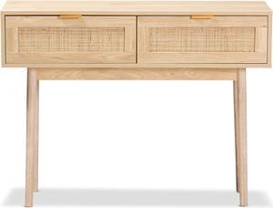 Baxton Studio Baird Mid-Century Modern Light Oak Brown Finished Wood and Rattan 2-Drawer Console Table