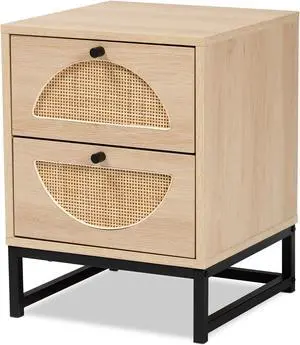 Baxton Studio Ardon Bohemian Light Brown Finished Wood and Black Metal 2-Drawer End Table with Natural Rattan