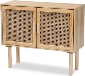 Baxton Studio Maclean Mid-Century Modern Rattan and Natural Brown Finished Wood 2-Door Sideboard Buffet