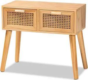 Baxton Studio Falan Mid-Century Modern Oak Brown Finished Wood 2-Drawer Console Table with Rattan