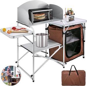 Camping Kitchen Table Picnic Cabinet Folding Cooking Storage Rack Portable Brown