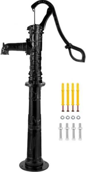 VEVOR Hand Water Pump w/ Stand 15.7 x 9.4 x 53.1 inch Pitcher Pump & 26 inch Pump Stand w/ Pre-set 1/2" Holes for Easy Installation Rustic Cast Iron Well Pump for Yard Garden Farm Irrigation Black