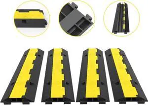 VEVOR Cable Protector Ramp, 4 Packs 2 Channels Speed Bump Hump, Rubber Modular Speed Bump Rated 11000 LBS Load Capacity, Protective Wire Cord Ramp Driveway Rubber Traffic Speed Bumps Cable Protector