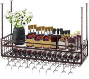 VEVOR Ceiling Wine Glass Rack, 46.9 x 11.8 inch Hanging Wine Glass Rack, 18.9-35.8 inch Height Adjustable Hanging Wine Rack Cabinet, Coppery Wall-Mounted Wine Glass Rack Perfect for Bar Cafe Kitchen