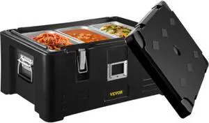 VEVOR Insulated Food Pan Carrier, 36Qt Capacity, Stackable Catering Hot Box w/ 3 Stainless Steel Pans, Top Load LLDPE Food Warmer w/Elastic Side Handles and Buckles, for Restaurant Canteen, Black