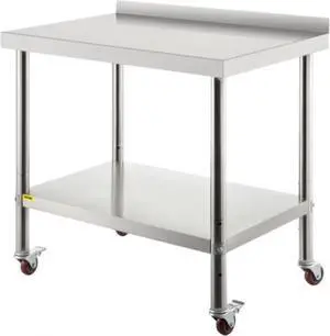 VEVOR Stainless Steel Prep Table, 36 x 24 x 35 Inch, 440lbs Load Capacity Heavy Duty Metal Worktable with Backsplash Adjustable Undershelf & 4 Casters, Commercial Workstation for Kitchen Restaurant