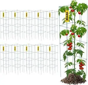 VEVOR Tomato Cages, 11.8" x 11.8" x 46.1", 10 Packs Square Plant Support Cages, Green PVC-Coated Steel Tomato Towers for Climbing Vegetables, Plants, Flowers, Fruits