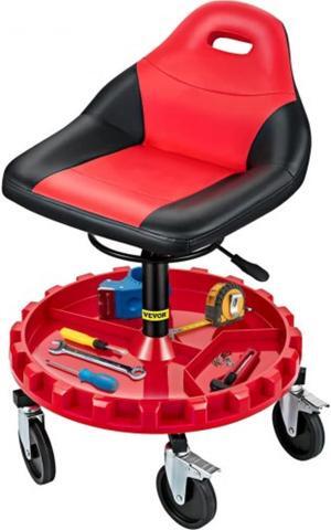 VEVOR Rolling Garage Stool, 300LBS Capacity, 21"-26" Adjustable Height Range, Mechanic Seat with Swivel Casters and Tool Tray, for Workshop, Auto Repair Shop, Red