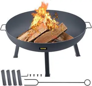 VEVOR Fire Pit Bowl, 34-Inch Diameter Round Carbon Steel Fire Bowl, Wood Burning for Outdoor Patios, Backyards & Camping Uses, with A Drain Hole, Portable Handles and A Firewood Stick, Black