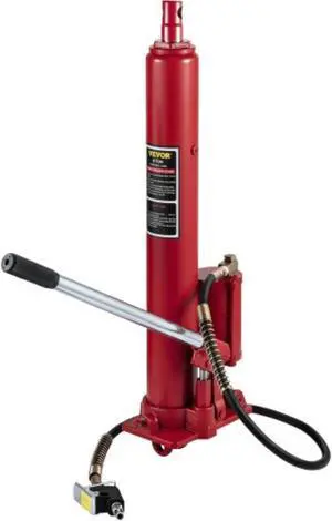 VEVOR Hydraulic/Pneumatic Long Ram Jack, 8 Tons/17363 lbs Capacity, with Single Piston Pump and Clevis Base, Manual Cherry Picker w/Handle, for Garage/Shop Cranes, Engine Lift Hoist, Red
