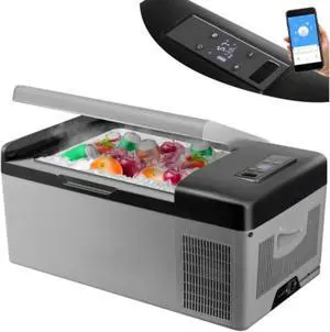 VEVOR 12 Volt Refrigerator 16 Qt, Portable Mini Car Fridge w/ -4-68 Cooling Range & App Control 12/24V DC & 110-240V AC Electric Compressor Cooler for Truck Vehicle RV Boat Outdoor & Home Use, Grey