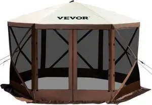 VEVOR Camping Gazebo Tent, 10'x10', 6 Sided Pop-up Canopy Screen Tent for 8 Person Camping, Waterproof Screen Shelter w/Portable Storage Bag, Ground Stakes, Mesh Windows, Brown & Beige