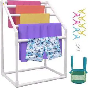 VEVOR Pool Towel Rack, 5 Bar, White, Freestanding Outdoor PVC Trapedozal Poolside Storage Organizer, Include 8 Towel Clips, Mesh Bag, Hook, Also Stores Floats and Paddles, for Beach, Swimming Pool