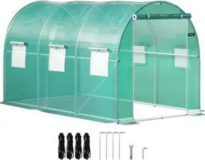 VEVOR Walk-in Tunnel Greenhouse, 12 x 7 x 7 ft Portable Plant Hot House w/ Galvanized Steel Hoops, 1 Top Beam, Diagonal Poles, Zippered Door & 6 Roll-up Windows, Green