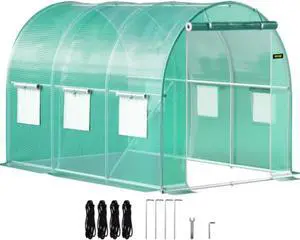 VEVOR Walk-in Tunnel Greenhouse, 10 x 7 x 7 ft Portable Plant Hot House w/ Galvanized Steel Hoops, 1 Top Beam, Diagonal Poles, Zippered Door & 6 Roll-up Windows, Green