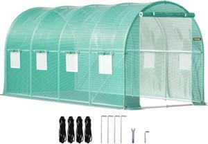 VEVOR Walk-in Tunnel Greenhouse, 15 x 7 x 7 ft Portable Plant Hot House w/ Galvanized Steel Hoops, 1 Top Beam, Diagonal Poles, Zippered Door & 8 Roll-up Windows, Green