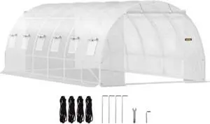 VEVOR Walk-in Tunnel Greenhouse, 20 x 10 x 7 ft Portable Plant Hot House w/ Galvanized Steel Hoops, 3 Top Beams, Diagonal Poles, 2 Zippered Doors & 12 Roll-up Windows, White