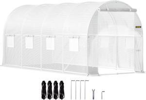 VEVOR Walk-in Tunnel Greenhouse, 15 x 7 x 7 ft Portable Plant Hot House w/ Galvanized Steel Hoops, 1 Top Beam, Diagonal Poles, Zippered Door & 8 Roll-up Windows, White