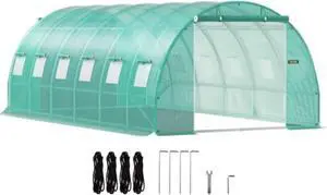 VEVOR Walk-in Tunnel Greenhouse, 20 x 10 x 7 ft Portable Plant Hot House w/ Galvanized Steel Hoops, 3 Top Beams, Diagonal Poles, 2 Zippered Doors & 12 Roll-up Windows, Green