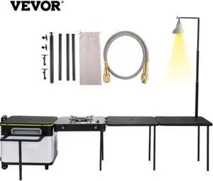 VEVOR Outdoor Mobile Kitchen, Portable Multifunctional Camp Box with Wheels All in One Integrated Cooking Station with Windproof Stove, Folding Tables Storage Organizer, Black