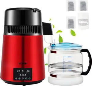 VEVOR 1.1Gal Water Distiller, 0.3Gal/H, 750W Distilled Water Maker Machine 0-99H Timing Dual Temp Display, 304 Stainless Steel Countertop Distiller Glass Carafe Cleaning Powder 3 Carbon Packs, Red
