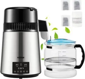 VEVOR 1.1Gal Water Distiller, 0.3Gal/H, 750W Distilled Water Maker Machine 0-99H Timing Dual Temp Display, 304 Stainless Steel Countertop Distiller Glass Carafe Cleaning Powder 3 Carbon Packs, Silver
