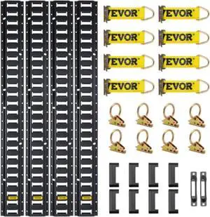 VEVOR E Track Tie-Down Rail Kit, 30PCS 5FT E-Tracks Set Includes 4 Steel Rails & 2 Single Slot & 8 O Rings & 8 Tie-Offs w/D-Ring & 8 End Caps, Securing Accessories for Cargo, Motorcycles, and Bikes