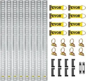 VEVOR E Track Tie-Down Rail Kit, 34PCS 5FT E-Tracks Set Includes 8 Steel Rails & 2 Single Slot & 8 O Rings & 8 Tie-Offs w/D-Ring & 8 End Caps, Securing Accessories for Cargo, Motorcycles, and Bikes