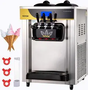 VEVOR Commercial Ice Cream Maker, 22-30L/H Yield, 2200W Countertop Soft Serve Machine w/ 2x6L Hopper 2L Cylinder LCD Panel Puffing Shortage Alarm, Frozen Yogurt Maker for Restaurant Snack Bar, Silver