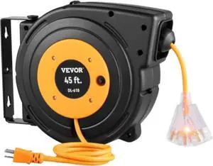 VEVOR Retractable Extension Reel, Heavy Duty 12AWG/3C SJTOW Power Cord 45 FT 12AWG, Black