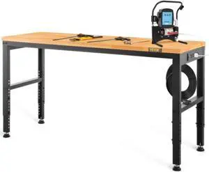 VEVOR Workbench Adjustable Height, 48" L X 20" W X 38.1" H Garage Table w/ 28.3" - 38.1" Heights & 2000 LBS Load Capacity, with Power Outlets & Hardwood Top & Metal Frame & Foot Pads, for Office Home