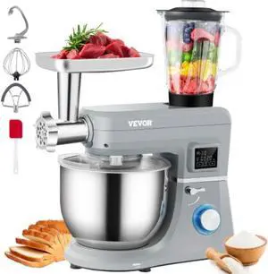 VEVOR 5 IN 1 Stand Mixer, 660W Tilt-Head Multifunctional Electric Mixer with 6 Speeds LCD Screen Timing, 7.4 Qt Stainless Bowl, Dough Hook, Flat Beater, Whisk, Scraper, Meat Grinder, Juice Cup - Gray