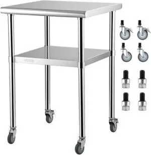 VEVOR Stainless Steel Prep Table, 24 x 24 x 36 Inch, 600lbs Load Capacity Heavy Duty Metal Worktable with Adjustable Undershelf & Universal Wheels, Commercial Workstation for Kitchen Garage Backyard
