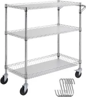 VEVOR 3-Tier Utility Cart Rolling Cart on Wheels 35"x18"x35.5" 661 LBS 6 Hooks