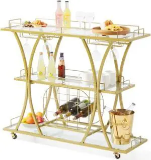 VEVOR 3 Tiers Gold Metal Bar Serving Cart with Wine Rack Glass Holder 180 LBS