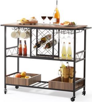 VEVOR 3-Tier Bar Serving Cart Rolling Trolley with Wine Grid Glass Holder 300LBS